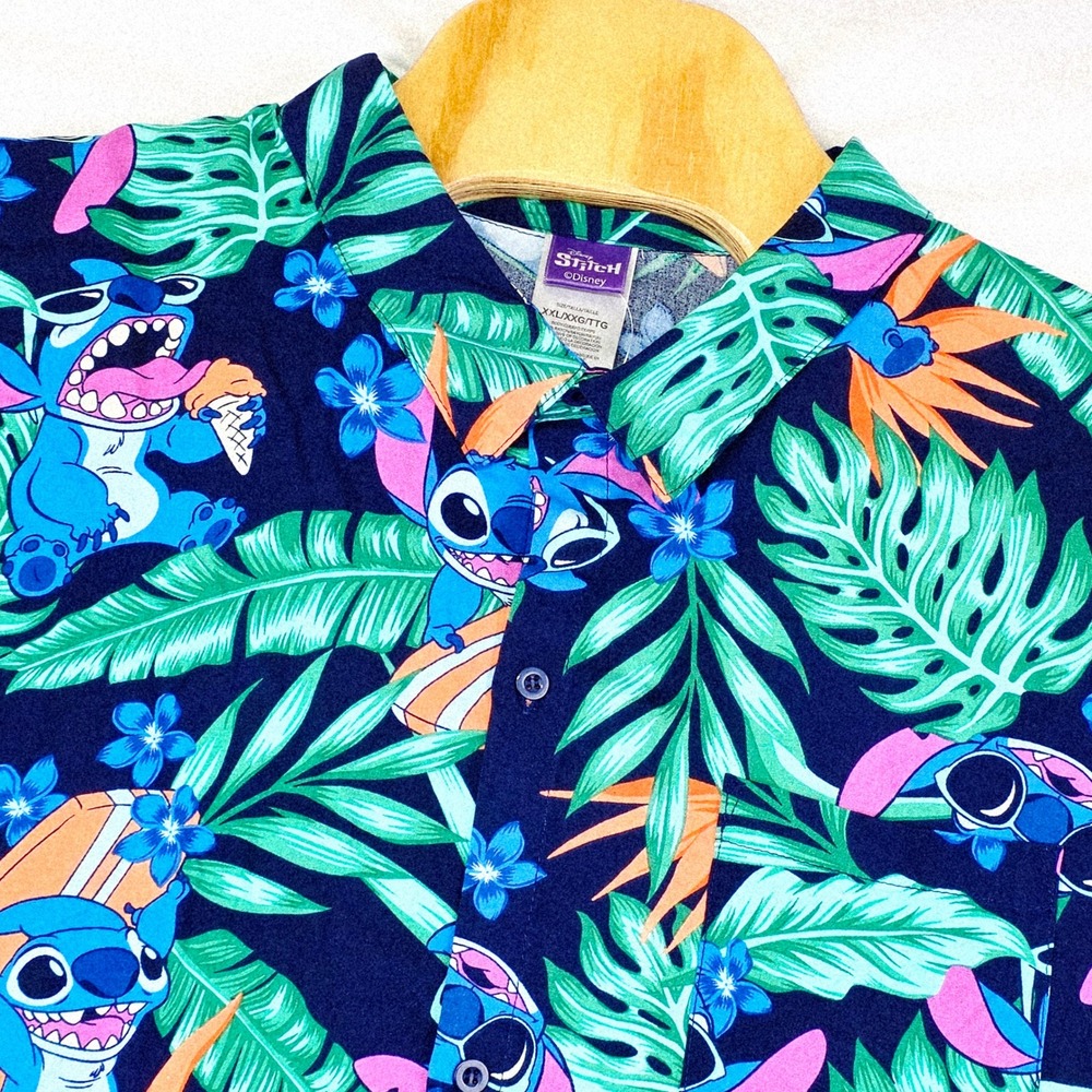 Disney Stitch Button Down Shirt Mens XXL Navy Blue Tropical Floral Lilo & Stitch